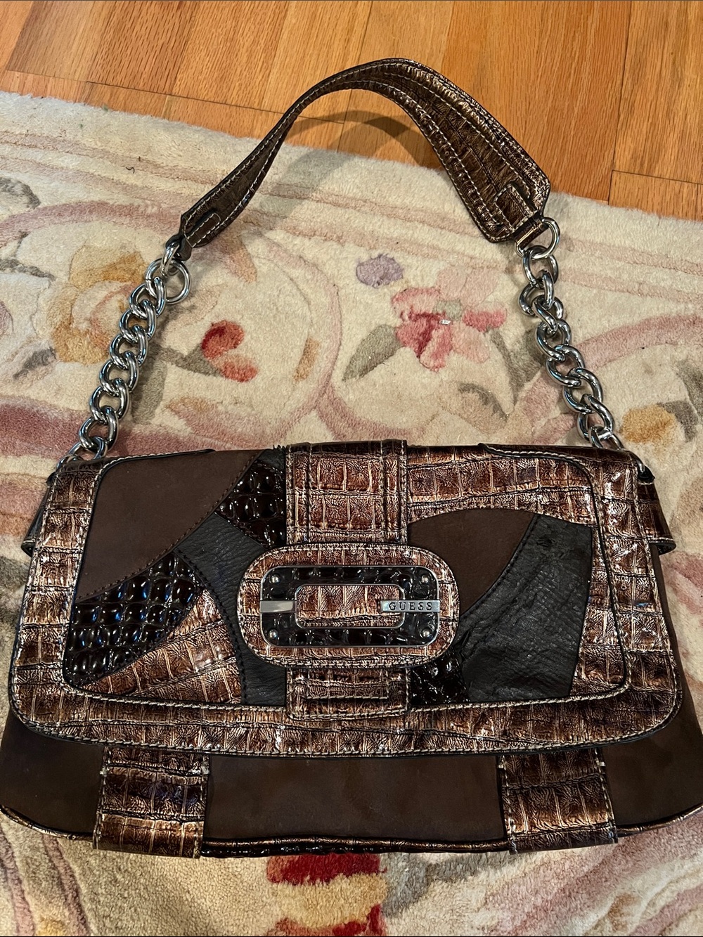 Y2K GUESS Brown Croc-Effect Chain Shoulder Bag